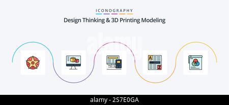Design Thinking And D Printing Modeling Line Filled Flat 5 Icon Pack Including poster. internet. computer. code. browser Stock Vector