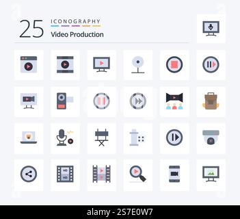 Video Production 25 Flat Color icon pack including music. social. screen. play. cctv Stock Vector