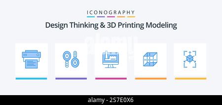 Design Thinking And D Printing Modeling Blue 5 Icon Pack Including grid. shepping. computer. computing. box. Creative Icons Design Stock Vector