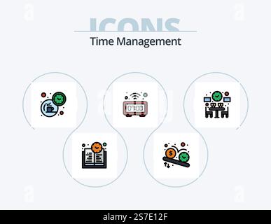 Time Management Line Filled Icon Pack 5 Icon Design. delivery. targeting. clock. location. timer Stock Vector