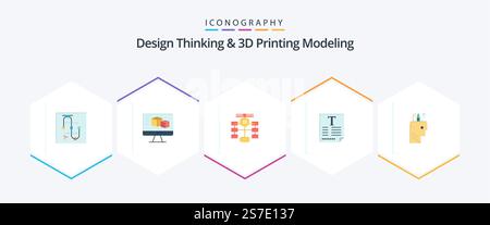 Design Thinking And D Printing Modeling 25 Flat icon pack including fount. text . computing. file. data Stock Vector