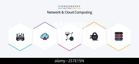 Network And Cloud Computing 25 FilledLine icon pack including network. computing. technology. passward. locked Stock Vector