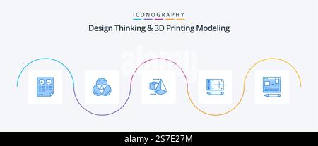 Design Thinking And D Printing Modeling Blue 5 Icon Pack Including text. education. 3d model. online. mobile Stock Vector