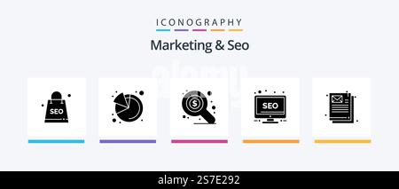 Marketing And Seo Glyph 5 Icon Pack Including . email. search. document. screen. Creative Icons Design Stock Vector
