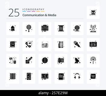 Communication And Media 25 Solid Glyph icon pack including global. invoice. online. invite. card Stock Vector