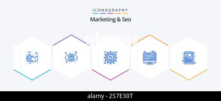 Marketing And Seo 25 Blue icon pack including . insurance policy. gear. guarantee. monitor Stock Vector