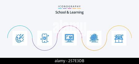 School And Learning Blue 5 Icon Pack Including . education. cap. bookmark. globe Stock Vector