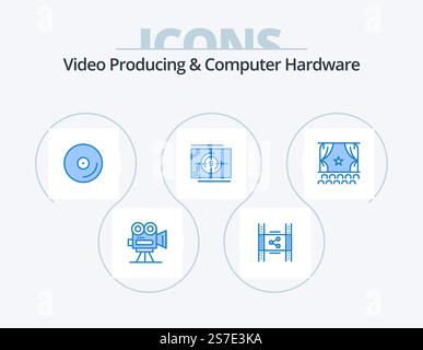 Video Producing And Computer Hardware Blue Icon Pack 5 Icon Design. opening. movie. pp. film. media Stock Vector