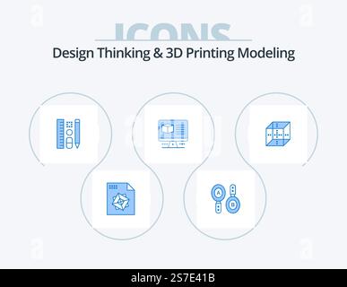 Design Thinking And D Printing Modeling Blue Icon Pack 5 Icon Design. computing. box. pencil . monitore. box Stock Vector