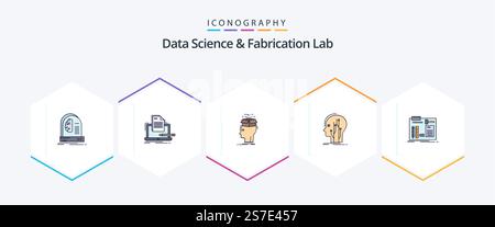 Data Science And Fabrication Lab 25 FilledLine icon pack including human. data. list. sharing. head Stock Vector