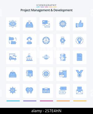 Creative Project Management And Development 25 Blue icon pack  Such As list. conversation. box. mailing. project Stock Vector