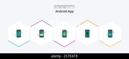 Android App 25 Flat icon pack including phone. mobile. mobile app. delete. app Stock Vector