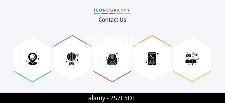 Contact Us 25 Glyph icon pack including email. smart phone. email. phone. call Stock Vector