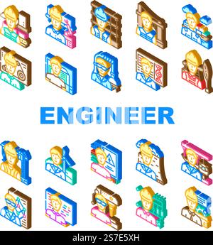 engineer worker man construction icons set vector. helmet professional, work person, industry builder, people job, architect business engineer worker man construction isometric sign illustrations. engineer worker man construction icons set vector Stock Vector