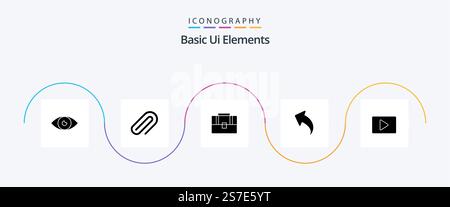 Basic Ui Elements Glyph 5 Icon Pack Including youtube. up. pin. left. hand bag Stock Vector