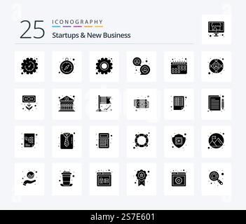 Startups And New Business 25 Solid Glyph icon pack including business. calendar. gear. appointment. group Stock Vector