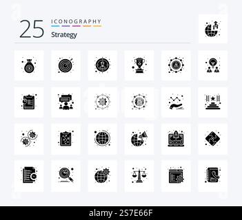 Strategy 25 Solid Glyph icon pack including user. seo. target. affiliate. silver Stock Vector