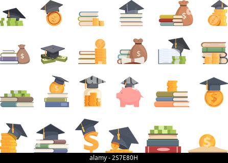 Scholarship icons set cartoon vector. Student degree. University graduate. Scholarship icons set cartoon vector. Student degree Stock Vector
