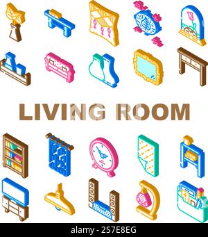 living room interior icons set vector. furniture modern, sofa home, apartment couch, deco, lamp, style indoor living room interior isometric sign illustrations. living room interior icons set vector Stock Vector