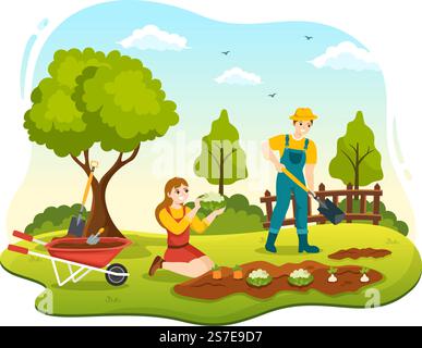 Gardener Illustration with Garden Tools, Farming, Grows Vegetables in Botanical Summer Gardening Flat Cartoon Hand Drawn for Landing Page Templates Stock Vector