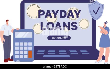 Get online payday loans. Financial support vector concept, internet banking and smart credit approved. Quickly getting money, happy characters. Payday loan, financial business online illustration. Get online payday loans. Financial support vector concept, internet banking and smart credit approved. Quickly getting money, happy cartoon characters Stock Vector