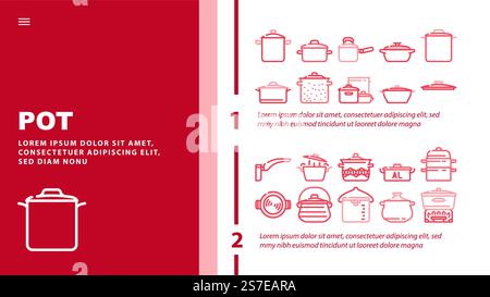 pot kitchen food pan cooking landing web page header vector. cook soup, saucepan lid, steel chef, kitchenware metal, stove utensil, stainless pot kitchen food pan cooking color illustrations. pot kitchen food pan cooking landing header vector Stock Vector