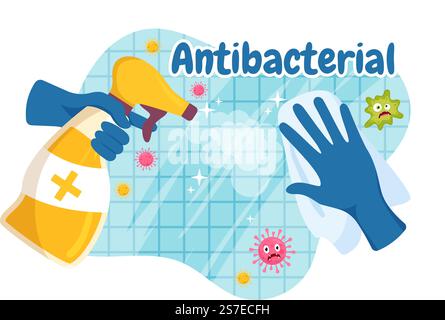 Antibacterial Illustration with Washing Hands, Virus Infection and Microbes Bacterias Control in Hygiene Healthcare Flat Cartoon Hand Drawn Templates Stock Vector