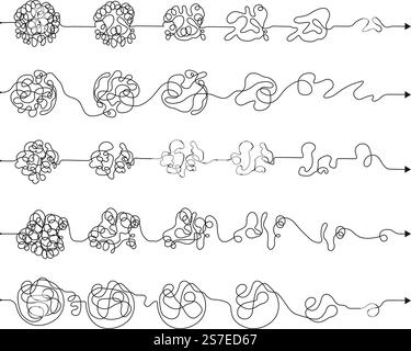 Simplification process tangled lines. From mess transition to clarity. Simple concept of problem solutions. Chaos and solving decent vector set of tangle line and mess illustration. Simplification process tangled lines. From mess transition to clarity. Simple concept of problem solutions. Chaos and solving decent vector set Stock Vector