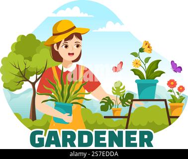 Gardener Illustration with Garden Tools, Farming, Grows Vegetables in Botanical Summer Gardening Flat Cartoon Hand Drawn for Landing Page Templates Stock Vector