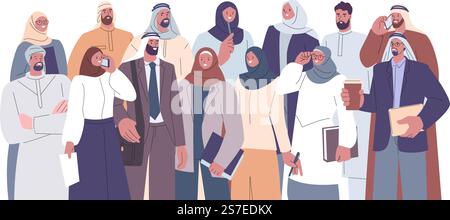Arabian business people team. Young arab colleagues portrait, saudi businessmen and women work together. Muslim corporate kicky vector characters of arabian team illustration. Arabian business people team. Young arab colleagues portrait, saudi businessmen and women work together. Muslim corporate kicky vector characters Stock Vector