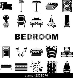 bedroom house home bed interior icons set vector. furniture room, bathroom design, kitchen equipment, building tools, lamp bedroom house home bed interior glyph pictogram Illustrations. bedroom house home bed interior icons set vector Stock Vector