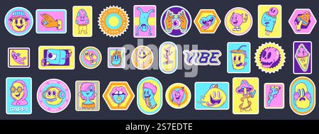 Acid hipster stickers and patches with neon groovy characters. Retro 70s art design, trendy pop style badges. Crazy psychedelic snugly vector elements of patch hipster graphic illustration. Acid hipster stickers and patches with neon groovy characters. Retro 70s art design, trendy pop style badges. Crazy psychedelic snugly vector elements Stock Vector