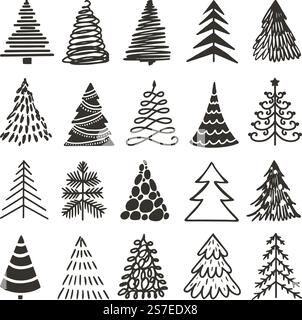 Doodle black christmas tree icons. Xmas rough drawn trees, abstract pencil winter elements. Grunge new year art decor, fir-trees neoteric vector silhouettes. Christmas tree outline, xmas black. Doodle black christmas tree icons. Xmas rough drawn trees, abstract pencil winter elements. Grunge new year art decor, fir-trees neoteric vector silhouettes Stock Vector