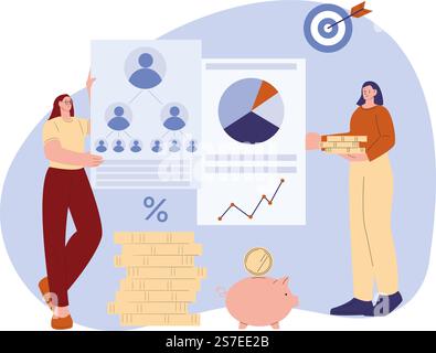 Financial pyramid, dangerous investments and wealth promises. Digital marketing, modern young female coaching of invest. Business vector with money and diagram. Illustration of investment pyramid. Financial pyramid, dangerous investments and wealth promises. Digital marketing, modern young female coaching of invest. Business vector characters with money and diagram Stock Vector
