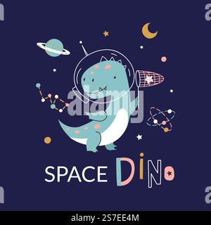 Cute dino in space funny t-shirt print. Dinosaur astronaut in helmet, spaceman wild animal character and planets. Kid graphic nowaday vector poster with space dinosaur funny cartoon illustration. Cute dino in space funny t-shirt print. Dinosaur astronaut in helmet, spaceman wild animal character and planets. Kid graphic nowaday vector poster Stock Vector