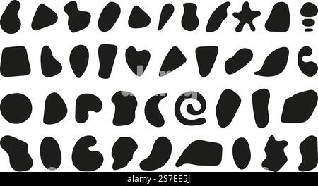 Black different blotch collection. Simple abstract rounds, organic shapes and various drop forms. Decorative retro vector basic elements for design. Illustration of paint simple, splodge fluid element. Black different blotch collection. Simple abstract rounds, organic shapes and various drop forms. Decorative retro vector basic elements for design Stock Vector