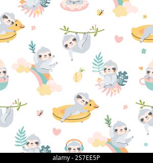 Lazy cartoon sloth seamless pattern. Sloths textile prints, sleeping exotic wild animal. Cute childish nowaday characters on rainbow and tree, vector background of sloth cartoon seamless. Lazy cartoon sloth seamless pattern. Sloths textile prints, sleeping exotic wild animal. Cute childish nowaday characters on rainbow and tree, vector background Stock Vector