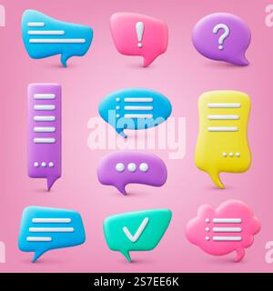 Dialogue bubble 3d set. Speech bubbles, quotes different elements. Bot message in chat balloons, creative text message pithy vector templates. Illustration of talk shape message. Dialogue bubble 3d set. Speech bubbles, quotes different elements. Bot message in chat balloons, creative text message pithy vector templates Stock Vector