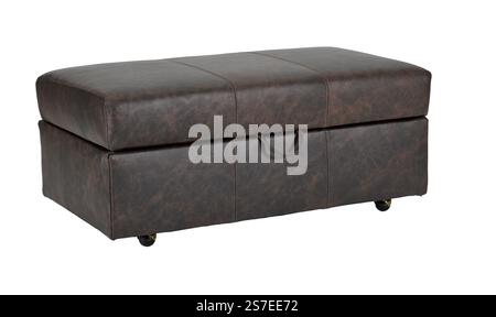 Leather stools ottoman couch with wooden legs + clipping path. The ottoman is isolated on a White background. Stock Photo