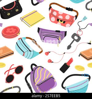 Fashion bags seamless pattern. Girly waist bag, fabric backpack, sunglasses and makeup cosmetics. Travel accessories, fancy handbag decent vector background. Illustration of handbag fashion. Fashion bags seamless pattern. Girly waist bag, fabric backpack, sunglasses and makeup cosmetics. Travel accessories, fancy handbag decent vector background Stock Vector