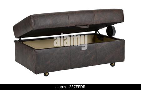 Leather stools ottoman couch with wooden legs + clipping path. The ottoman is isolated on a White background. Stock Photo