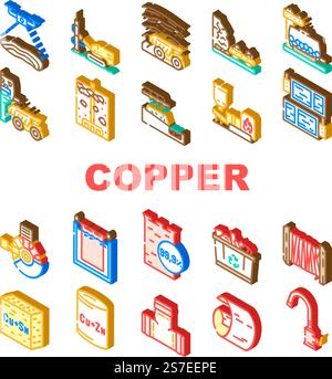 copper production industry metal icons set vector. equipment technology, factory manufacture, industrial process, construction iron copper production industry metal isometric sign illustrations. copper production industry metal icons set vector Stock Vector