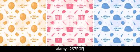 Set of Happy Labor Day Seamless Pattern Design Illustration with Different Professions in Element Template Hand Drawn Stock Vector