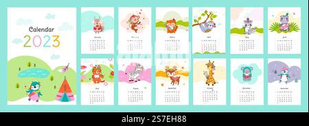 New year 2023 animal home calendar. Cute tribal penguin, zebra giraffe and koala. Cute wild animals on diverse months and seasons. Kids planner nowaday vector template. Illustration 2023 calendar. New year 2023 animal home calendar. Cute tribal penguin, zebra giraffe and koala. Cute wild animals on diverse months and seasons. Kids planner nowaday vector template Stock Vector