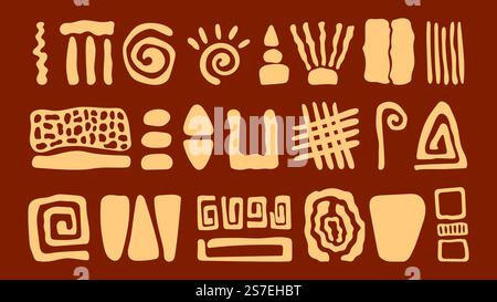 Various ethnic simple shapes. Abstract trendy african style doodle elements. Free hand drawing greek, decorative contemporary vector blotch collection of ethnic trendy texture graphic illustration. Various ethnic simple shapes. Abstract trendy african style doodle elements. Free hand drawing greek sample, decorative contemporary vector blotch collection Stock Vector