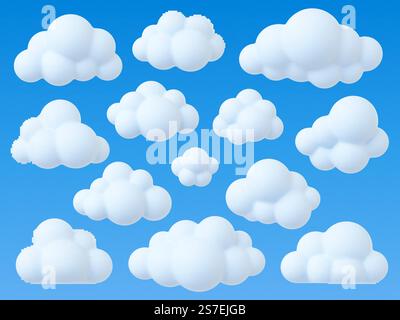 White fluffy clouds 3d icons. Cumulus bubble cloud, weather decorative elements. Soft cotton atmosphere, sky element render, pithy vector set of cloud 3d weather soft sky illustration. White fluffy clouds 3d icons. Cumulus bubble cloud, weather decorative elements. Soft cotton atmosphere, sky element render, pithy vector set Stock Vector