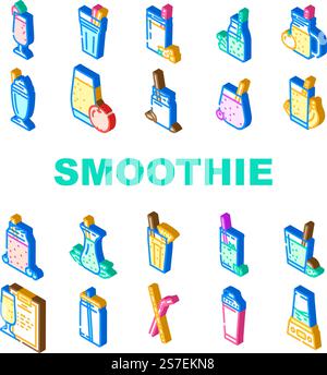 smoothie fruit juice drink icons set vector. beverage glass, fresh healthy, strawberry shake, cocktail summer, cup food smoothie fruit juice drink isometric sign illustrations. smoothie fruit juice drink icons set vector Stock Vector