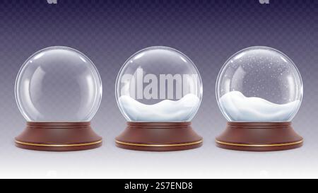 Realistic snowy glass globe. 3d snow globes, winter snowfall in crystal bubble. Christmas new year decorative toy. Xmas transparent ball vector set of realistic decoration glass christmas illustration. Realistic snowy glass globe. 3d snow globes, winter snowfall in crystal bubble. Christmas new year decorative toy. Xmas transparent ball pithy vector set Stock Vector