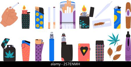 Cigarettes and lighters isolated elements. Vape and cigar, e-cigarette and decorative gas lighter. Doodle smokers accessories, decent vector collection of cigarette light, smoker lighter illustration. Cigarettes and lighters isolated elements. Vape and cigar, e-cigarette and decorative gas lighter. Doodle smokers accessories, decent vector collection Stock Vector
