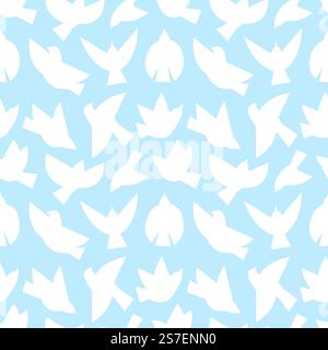 Flying bird abstract silhouettes on blue background. White bird, dove or seagull seamless pattern. Flat different poses doves fabric print. Vector texture with pigeon of silhouette flock illustration. Flying bird abstract silhouettes on blue background. White bird, dove or seagull seamless pattern. Flat different poses doves fabric print. Vector texture with pigeon Stock Vector